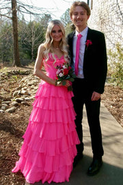 Pink A-Line Strapless V-Neck Ruffles Chiffon Long Prom Dress with Bow