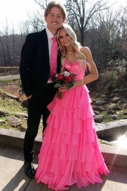 Pink A-Line Strapless V-Neck Ruffles Chiffon Long Prom Dress with Bow