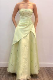 Strapless A-Line Scoop Neck Pleats Empire-Waist Sleeveless Long Prom Dress