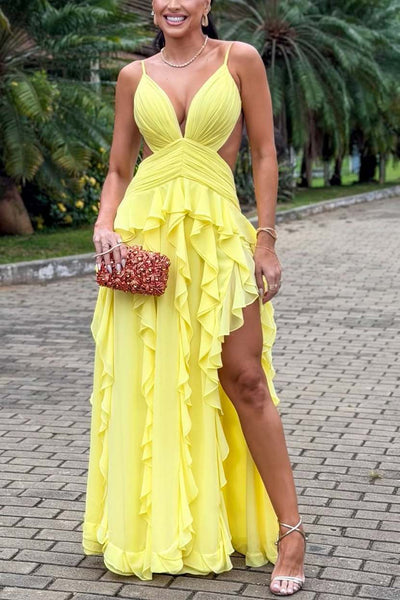 Yellow Spaghetti Straps Deep V-Neck Ruffles Long Prom Dress with Slit