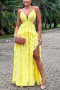 Yellow Spaghetti Straps Deep V-Neck Ruffles Long Prom Dress, Slit