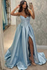 Robe de bal bleue en satin, coupe trapèze, bustier, col en V, sans manches, avec fente