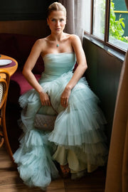 Strapless Ruffles Tulle Sleeveless Pleats Mermaid Prom Dress