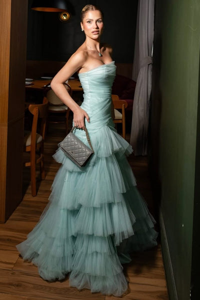 Strapless Ruffles Tulle Sleeveless Pleats Mermaid Prom Dress