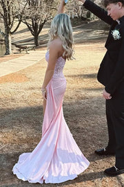 Pink Strapless V-Neck Appliques Mermaid Pleats Long Prom Dress with Slit