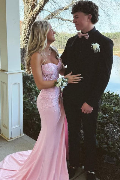 Pink Strapless V-Neck Appliques Mermaid Pleats Long Prom Dress with Slit