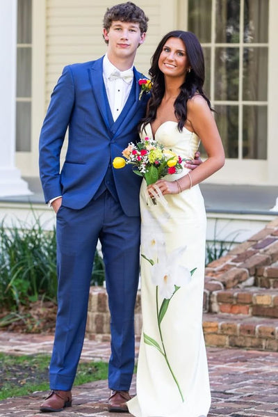 Yellow Strapless Sweetheart Print Sleeveless Sheath Long Prom Dress