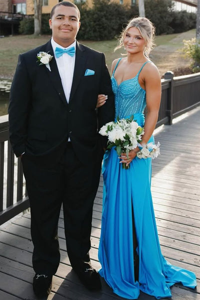 V-Neck Beads Sleeveless Mermaid Prom Dress with Slit