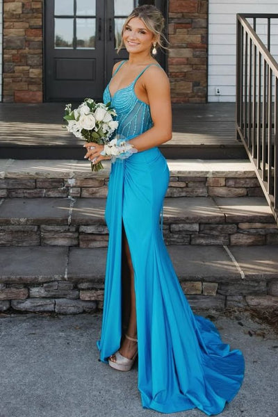 V-Neck Beads Sleeveless Mermaid Prom Dress with Slit