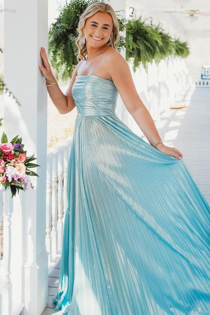 Blue Metallic Strapless A-Line Empire-Waist Pleated Prom Dress, Slit Blue Metallic Strapless A-Line Empire-Waist Pleated Prom Dress, Slit