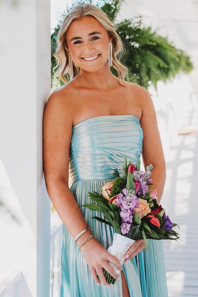 Blue Metallic Strapless A-Line Empire-Waist Pleated Prom Dress, Slit Blue Metallic Strapless A-Line Empire-Waist Pleated Prom Dress, Slit