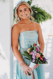 Blue Metallic Strapless A-Line Empire-Waist Pleated Prom Dress with Slit