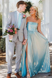 Blue Metallic Strapless A-Line Empire-Waist Pleated Prom Dress with Slit