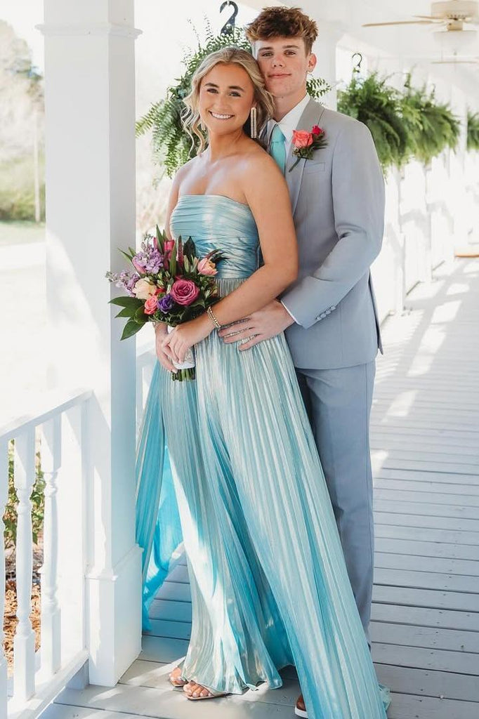 Blue Metallic Strapless A-Line Empire-Waist Pleated Prom Dress, Slit Blue Metallic Strapless A-Line Empire-Waist Pleated Prom Dress, Slit