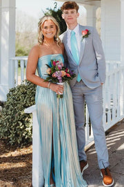 Blue Metallic Strapless A-Line Empire-Waist Pleated Prom Dress with Slit