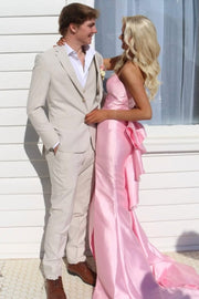 Pink Strapless Scoop Neck High Slit Back Ruffles Satin Mermaid Prom Dress