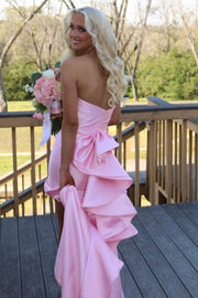 Pink Strapless Scoop Neck High Slit Back Ruffles Satin Mermaid Prom Dress