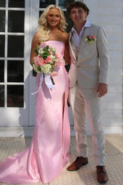 Pink Strapless Scoop Neck High Slit Back Ruffles Satin Mermaid Prom Dress