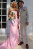 Pink Strapless Scoop Neck Slit Back Ruffles Satin Mermaid Prom Dress