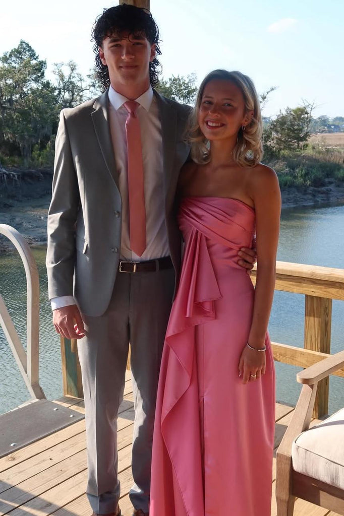 Pink Strapless Pleats Sleeveless Satin Long Formal Prom Dress, Slit