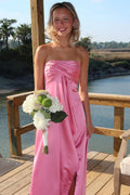 Pink Strapless Pleats Sleeveless Satin Long Formal Prom Dress, Slit