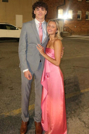 Cute Pink Strapless Pleats Sleeveless Satin Formal Prom Dress with Slit