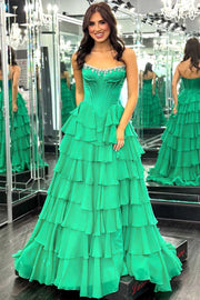 Green A-Line Strapless Scoop Beads Ruffles Empire-Waist Chiffon Prom Dress