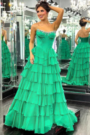 Green A-Line Strapless Scoop Beads Ruffles Empire-Waist Chiffon Prom Dress
