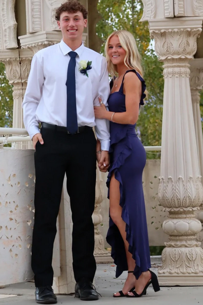 Navy Blue Strapless Ruffles Sleeveless High Slit Sheath Long Prom Dress