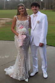 Stunning Straps Lace Appliques Sleeveless Mermaid Long Prom Dress