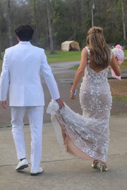 Stunning Straps Lace Appliques Sleeveless Mermaid Long Prom Dress