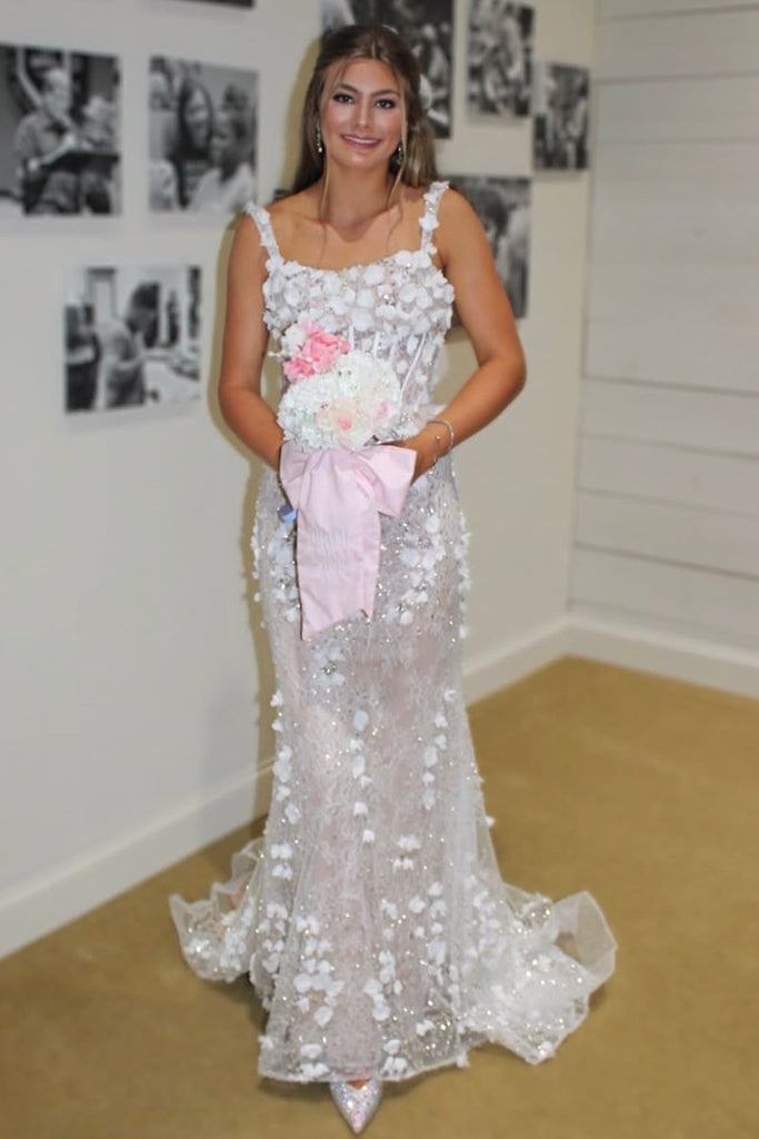 Beaded Flowers Scoop Neck Straps Lace Satin Mermaid Long Prom Dress
