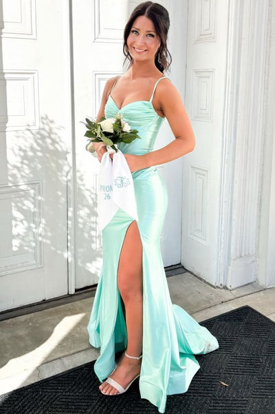 Satin Pleats Sleeveless Mermaid Prom Dress with Slit