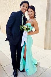 Satin Pleats Sleeveless Mermaid Prom Dress with Slit