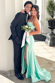 Satin Pleats Sleeveless Mermaid Prom Dress with Slit