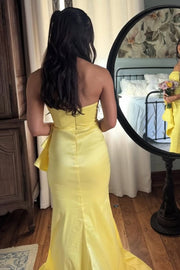 Yellow Strapless Ruffles Sleeveless Mermaid Prom Dress with Slit