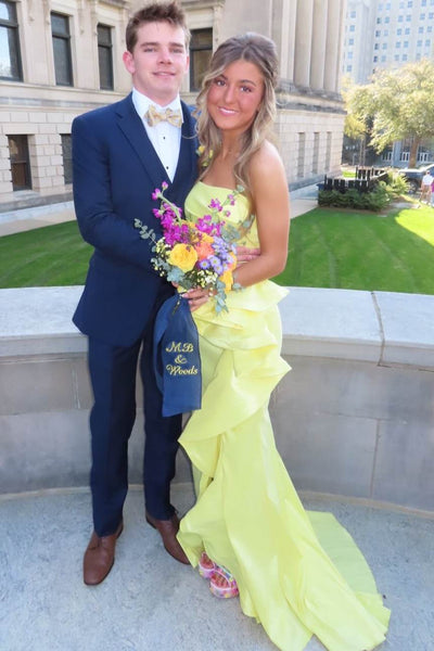 Yellow Strapless Ruffles Sleeveless Mermaid Prom Dress with Slit