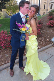 Yellow Strapless Ruffles Sleeveless Mermaid Prom Dress with Slit