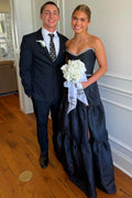 Black Strapless A-Line Satin Sleeveless Long Formal Prom Dress, Slit