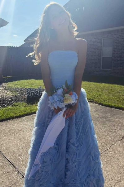 A-Line Strapless Ruffles Tulle Scoop Neck Empire-Waist Sleeveless Prom Dress