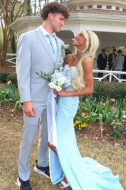 Stunning Blue Strapless Beaded Sleeveless Pleats Mermaid Long Dress