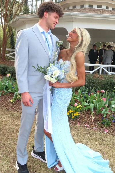 Stunning Blue Strapless Beaded Sleeveless Pleats Mermaid Long Dress