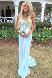 Stunning Blue Strapless Beaded Sleeveless Pleats Mermaid Long Dress