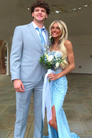 Stunning Blue Strapless Beaded Sleeveless Pleats Mermaid Long Dress