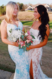 Strapless Lace Appliques Sweetheart High Slit Mermaid Prom Dress