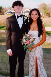 Strapless Lace Appliques Sweetheart High Slit Mermaid Prom Dress