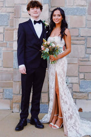 Strapless Lace Appliques Sweetheart High Slit Mermaid Prom Dress