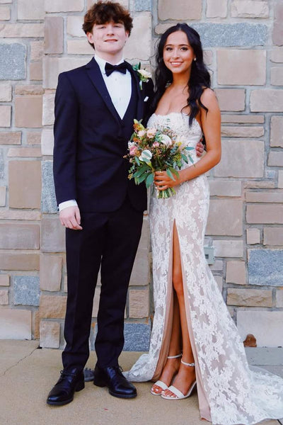 Strapless Lace Appliques Sweetheart High Slit Mermaid Prom Dress