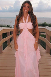 Halter A-Line Sleeveless Flower Ruffles Chiffon Long Prom Dress