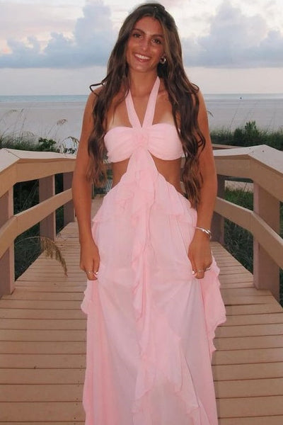 Halter A-Line Sleeveless Flower Ruffles Chiffon Long Prom Dress